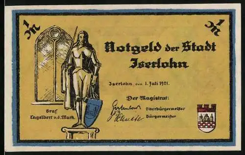 Notgeld Iserlohn 1921, 1 Mark, mit Graf Engelbert und Marktszene