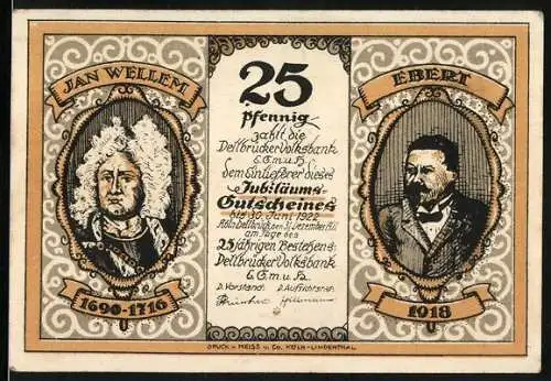 Notgeld Dellbrück 1922, 25 Pfennig, Jubiläumsgutschein mit Jan Wellem und Ebert, Rückseite Thurner Hof