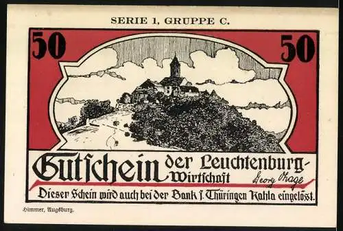 Notgeld Kahla 1920, 50 Pfennig, Serie 1 Gruppe C, Walpurgisnacht Motiv 30. April - Gutschein der Leuchtenburg