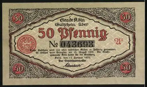 Notgeld Köln 1922, 50 Pfennig, Soldat unter Baum mit Fässern und Windmühle im Hintergrund