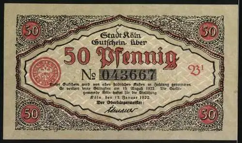 Notgeld Köln, 1922, 50 Pfennig, Zwei Soldaten vor Stadtansicht, Seriennummer 043667