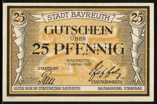 Notgeld Bayreuth 1920, 25 Pfennig, Gutschein über 25 Pfennig, Stadtwappen und Unterschriften auf der Vorderseite