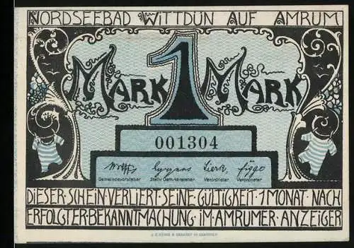 Notgeld Wittdün auf Amrum, 1 Mark, Nordseebad Wittdün, Seriennummer 001304, Küstenlandschaft und Dekor