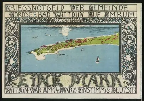 Notgeld Wittdün auf Amrum, 1 Mark, Nordseebad Wittdün, Seriennummer 001304, Küstenlandschaft und Dekor