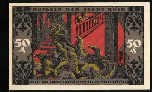 Notgeld Köln 1922, 50 Pfennig, Die Heinzelmännchen von Köln, grünes und lila Design mit Text und Siegel