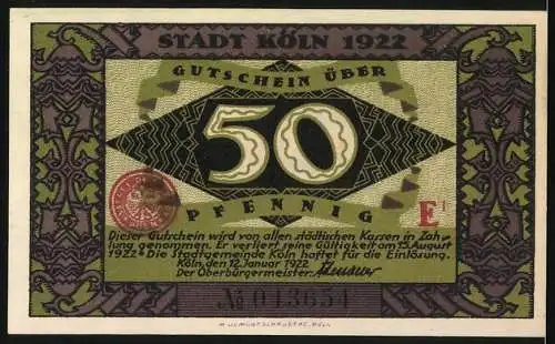 Notgeld Köln 1922, 50 Pfennig, Die Heinzelmännchen von Köln, grünes und lila Design mit Text und Siegel