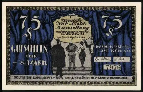 Notgeld Kahla, 1921, 75 Pfennig, Deutsche Not-Geld Ausstellung mit Drachenmotiv auf der Rückseite