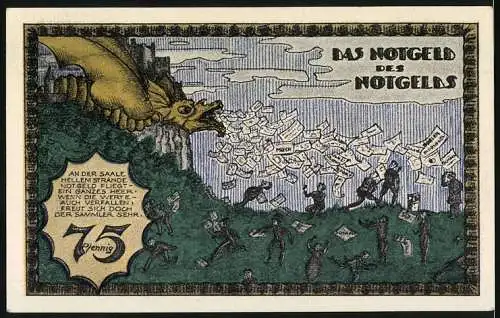 Notgeld Kahla, 1921, 75 Pfennig, Deutsche Not-Geld Ausstellung mit Drachenmotiv auf der Rückseite