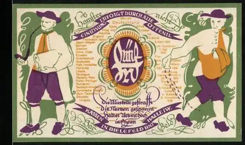 Notgeld Bielefeld 1920, 5 Mark, bunte Darstellung von zwei Männern und Stadtsparkasse-Logo