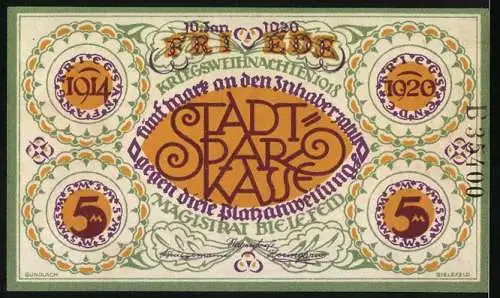 Notgeld Bielefeld 1920, 5 Mark, bunte Darstellung von zwei Männern und Stadtsparkasse-Logo