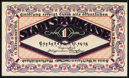 Notgeld Bielefeld 1918, 1 Mark, Freie Bahn dem Tüchtigen, Stadtsparkasse-Aufschrift