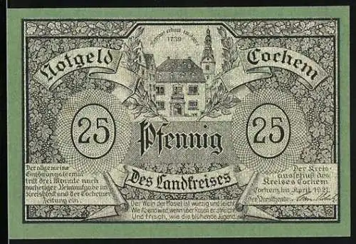 Notgeld Cochem, 1921, 25 Pfennig, Abbildung Burg Cochem und Weinberge