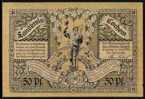 Notgeld Cochem, 1921, 50 Pfennig, Weinbauer mit Trauben und Cochem-Mosel mit Burg und Winneburg