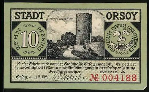 Notgeld Orsoy, 1921, 10 Pfennig, Vorderseite mit Altem Pulverturm und Rückseite mit Stadtansicht am Niederrhein