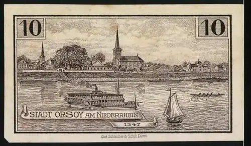 Notgeld Orsoy, 1921, 10 Pfennig, Vorderseite mit Altem Pulverturm und Rückseite mit Stadtansicht am Niederrhein