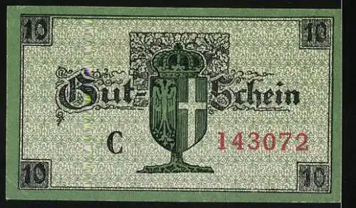 Notgeld Neuss 1919, 10 Pfennig, Burg und Wappen, Seriennummer 143072