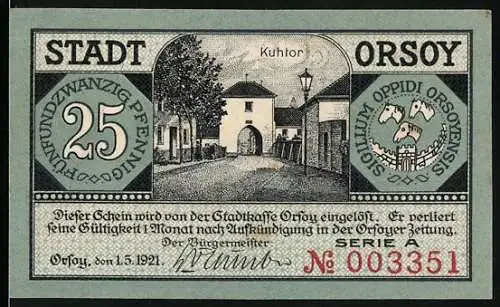 Notgeld Orsoy 1921, 25 Pfennig, Kuhtor und Stadtansicht am Niederrhein