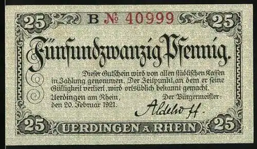 Notgeld Uerdingen am Rhein, 1921, 25 Pfennig, Unterschrift des Bürgermeisters, Stadtansicht