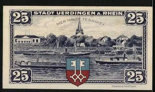 Notgeld Uerdingen am Rhein, 1921, 25 Pfennig, Unterschrift des Bürgermeisters, Stadtansicht