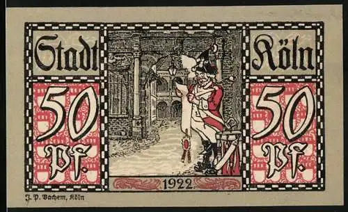 Notgeld Köln 1922, 50 Pfennig, Stadt Köln mit historischer Szene und Stadtwappen