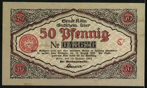 Notgeld Köln 1922, 50 Pfennig, Stadt Köln mit historischer Szene und Stadtwappen