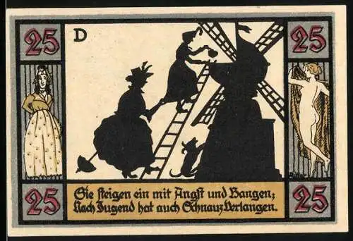 Notgeld Apolda, 1921, 25 Pfennig, Stadtwappen und schwarze Silhouetten auf einer Windmühle