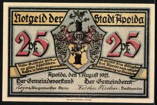 Notgeld Apolda, 1921, 25 Pfennig, Stadtwappen und schwarze Silhouetten auf einer Windmühle