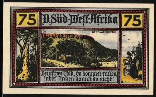 Notgeld Neustadt i. M. 1922, 75 Pfennig, Deutsch-Südwestafrika, Waterberg und Storch mit Fröschen