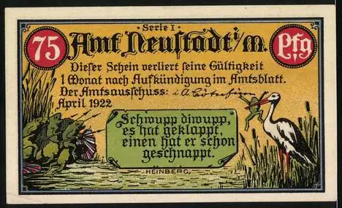 Notgeld Neustadt i. M. 1922, 75 Pfennig, Deutsch-Südwestafrika, Waterberg und Storch mit Fröschen