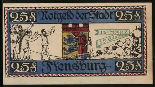 Notgeld Flensburg 1920, 25 Pfennig, Illustration von Menschen und Stadtwappen, Rückseite mit Bedingungen