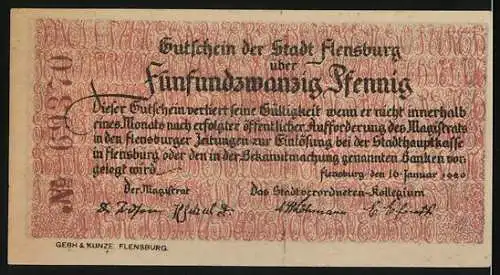 Notgeld Flensburg 1920, 25 Pfennig, Illustration von Menschen und Stadtwappen, Rückseite mit Bedingungen