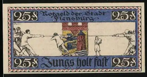 Notgeld Flensburg, 1920, 25 Pfennig, Jungs beim Tauziehen vor Stadtwappen