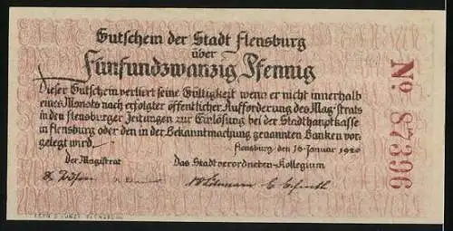 Notgeld Flensburg, 1920, 25 Pfennig, Jungs beim Tauziehen vor Stadtwappen