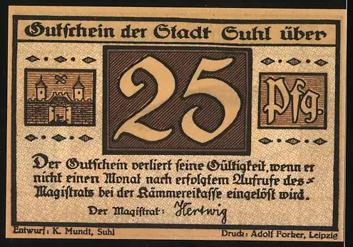 Notgeld Suhl, 1921, 25 Pfennig, gute Flinten für die Hasenjagd, Gutschein der Stadt Suhl