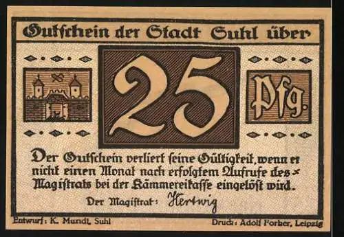 Notgeld Suhl, 1921, 25 Pfennig, Abbildung einer Büchse und Text für Böcke und für Füchse eine zielsichere Büchse