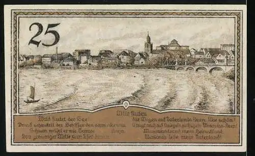 Notgeld Lyck 1920, 25 Pfennig, Stadtansicht mit Brücke und Segelboot