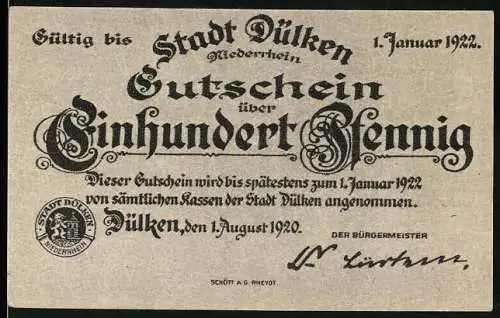 Notgeld Dülken 1920, 100 Pfennig, Stadtansicht mit Windmühle und Festschrift Gloria tibi Akadem. Dülkens