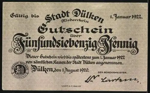 Notgeld Dülken 1920, 75 Pfennig, Feier des Kejahrofesdes und 10. Jubiläums der Windmühle