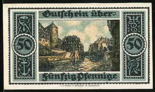 Notgeld Hannover, 1921, 50 Pfennig, historische Stadtansicht, Seriennummer J.035677, Handelskammer Hannover