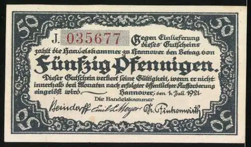 Notgeld Hannover, 1921, 50 Pfennig, historische Stadtansicht, Seriennummer J.035677, Handelskammer Hannover