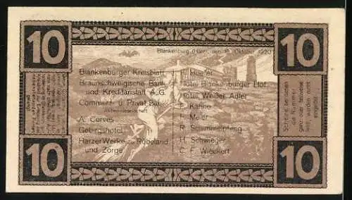 Notgeld Blankenburg a.Harz, 1920, 10 Pfennig, Burg Regenstein und Firmenauflistung