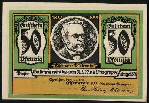 Notgeld Speicher / Eifel 1921, 50 Pfennig, Burg Kerpen und Porträt Dr. Tronte, Ausgabe des Eifelvereins e.V