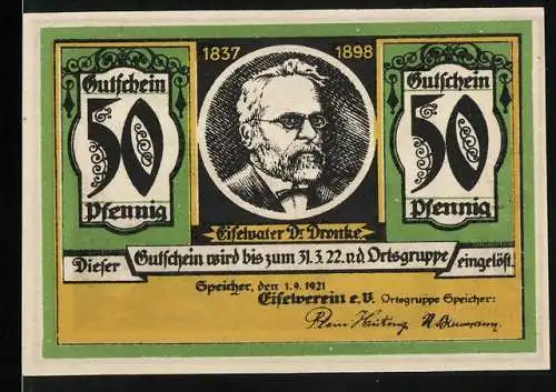 Notgeld Speicher 1921, 50 Pfennig, Eifelvater Dr. Dronke Porträt, Manderscheid Landschaft