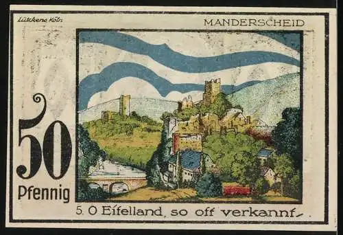 Notgeld Speicher 1921, 50 Pfennig, Eifelvater Dr. Dronke Porträt, Manderscheid Landschaft