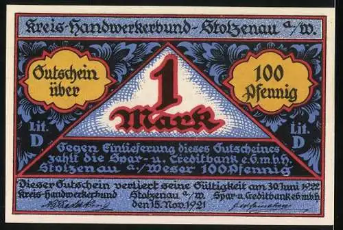 Notgeld Stolzenau 1921, 1 Mark, Handwerk hat goldenen Boden, Gutschein über 100 Pfennig