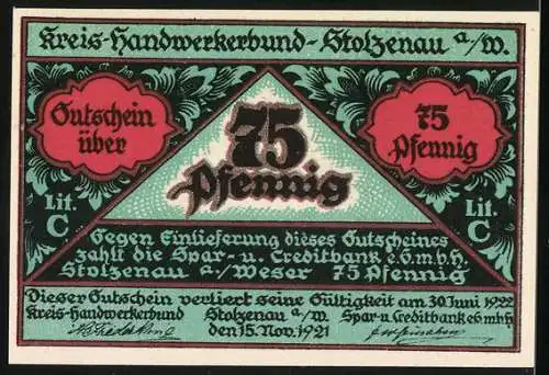 Notgeld Stolzenau 1921, 75 Pfennig, Handwerk hat goldenen Boden, Kreis-Handwerkerbund Gutschein