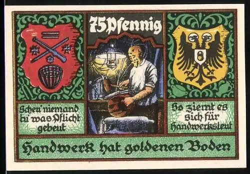 Notgeld Stolzenau, 1921, 75 Pfennig, Handwerker bei der Arbeit und Wappen, Gutschein-Text auf Rückseite