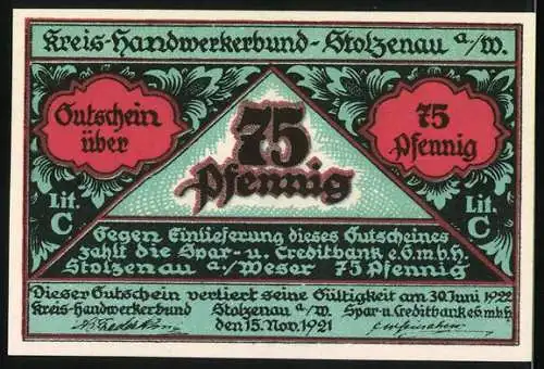 Notgeld Stolzenau, 1921, 75 Pfennig, Handwerker bei der Arbeit und Wappen, Gutschein-Text auf Rückseite