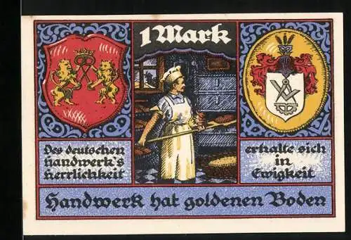 Notgeld Stolzenau, 1921, 1 Mark, Darstellung einer Bäckerin, Wappen des Handwerks und Kreishandwerkerbundes