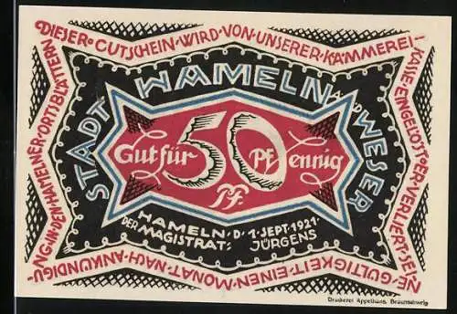 Notgeld Hameln 1921, 50 Pfennig, Stadt Hameln /Weser Textgutschein mit farbigem Bildmotiv auf Rückseite